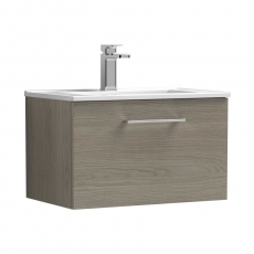 Nuie Arno Wall Hung 1-Drawer Vanity Unit with Basin-2 600mm Wide - Solace Oak Woodgrain