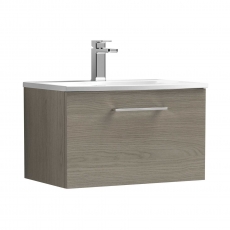 Nuie Arno Wall Hung 1-Drawer Vanity Unit with Basin-4 600mm Wide - Solace Oak Woodgrain