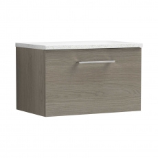 Nuie Arno Wall Hung 1-Drawer Vanity Unit with Sparkling White Worktop 600mm Wide - Solace Oak Woodgrain