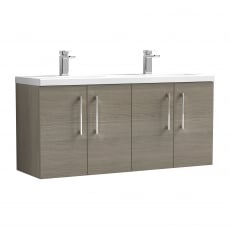 Nuie Arno Wall Hung 4-Door Vanity Unit with Double Ceramic Basin 1200mm Wide - Solace Oak Woodgrain