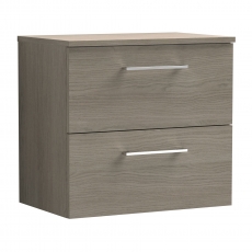 Nuie Arno Wall Hung 2-Drawer Vanity Unit with Worktop 600mm Wide - Solace Oak Woodgrain