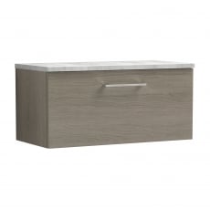 Nuie Arno Wall Hung 1-Drawer Vanity Unit with Bellato Grey Worktop 800mm Wide - Solace Oak Woodgrain