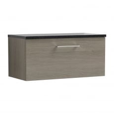 Nuie Arno Wall Hung 1-Drawer Vanity Unit with Sparkling Black Worktop 800mm Wide - Solace Oak Woodgrain