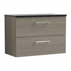 Nuie Arno Wall Hung 2-Drawer Vanity Unit with Sparkling Black Worktop 800mm Wide - Solace Oak Woodgrain