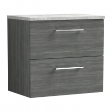 Nuie Arno Wall Hung 2-Drawer Vanity Unit with Bellato Grey Worktop 600mm Wide - Anthracite Woodgrain