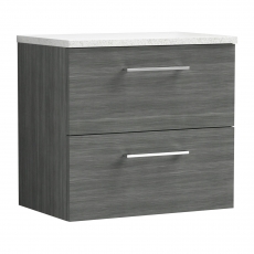 Nuie Arno Wall Hung 2-Drawer Vanity Unit with Sparkling White Worktop 600mm Wide - Anthracite Woodgrain