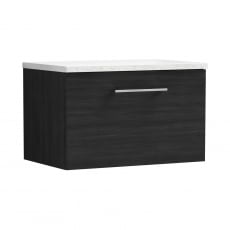 Nuie Arno Wall Hung 1-Drawer Vanity Unit with Sparkling White Worktop 600mm Wide - Black Woodgrain