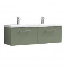 Nuie Arno Wall Hung 2-Drawer Vanity Unit with Double Ceramic Basin 1200mm Wide - Satin Green