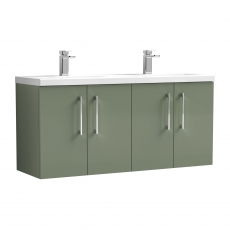 Nuie Arno Wall Hung 4-Door Vanity Unit with Double Ceramic Basin 1200mm Wide - Satin Green