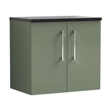 Nuie Arno Wall Hung 2-Door Vanity Unit with Sparkling Black Worktop 600mm Wide - Satin Green