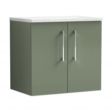 Nuie Arno Wall Hung 2-Door Vanity Unit with Sparkling White Worktop 600mm Wide - Satin Green