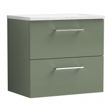 Nuie Arno Wall Hung 2-Drawer Vanity Unit with Sparkling White Worktop 600mm Wide - Satin Green