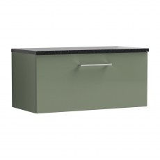 Nuie Arno Wall Hung 1-Drawer Vanity Unit with Sparkling Black Worktop 800mm Wide - Satin Green