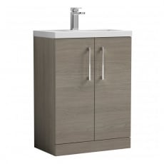 Nuie Arno Compact Floor Standing 2-Door Vanity Unit with Polymarble Basin 600mm Wide - Solace Oak Woodgrain