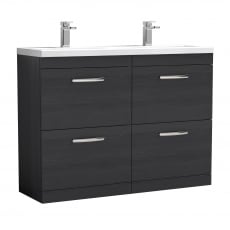 Nuie Athena Floor Standing 4-Drawer Vanity Unit with Double Ceramic Basin 1200mm Wide - Charcoal Black Woodgrain