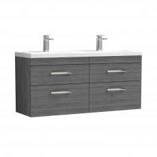 Nuie Athena Wall Hung 4-Drawer Vanity Unit with Double Ceramic Basin 1200mm Wide - Anthracite Woodgrain