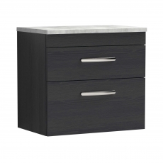 Nuie Athena Wall Hung 2-Drawer Vanity Unit with Grey Worktop 600mm Wide - Charcoal Black Woodgrain