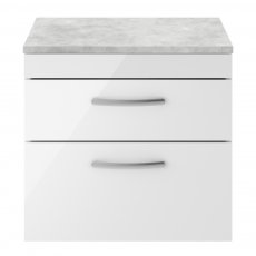 Nuie Athena Wall Hung 2-Drawer Vanity Unit with Grey Worktop 600mm Wide - Gloss White