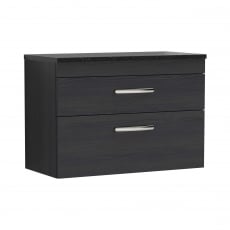 Nuie Athena Wall Hung 2-Drawer Vanity Unit with Sparkling Black Worktop 800mm Wide - Charcoal Black Woodgrain