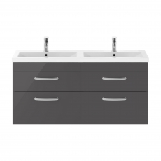 Nuie Athena Wall Hung 4-Drawer Vanity Unit with Double Ceramic Basin 1200mm Wide - Gloss Grey