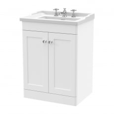 Nuie Classique Floor Standing 2-Door Vanity Unit with Traditional Basin 600mm Wide Satin White - 3 Tap Hole