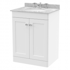 Nuie Classique Floor Standing 2-Door Vanity Unit with 3TH Grey Marble Top Basin 600mm Wide - Satin White