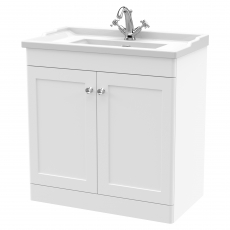 Nuie Classique Floor Standing 2-Door Vanity Unit with Traditional Basin 800mm Wide Satin White - 1 Tap Hole