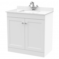 Nuie Classique Floor Standing 2-Door Vanity Unit with 1TH White Square Marble Top Basin 800mm Wide - Satin White