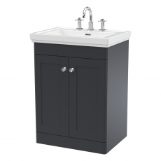 Nuie Classique Floor Standing 2-Door Vanity Unit with Basin 600mm Wide Satin Anthracite - 3 Tap Hole