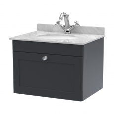 Nuie Classique Wall Hung 1-Drawer Vanity Unit with 1TH Grey Marble Top Basin 600mm Wide - Satin Anthracite