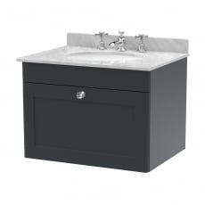 Nuie Classique Wall Hung 1-Drawer Vanity Unit with 3TH Grey Marble Top Basin 600mm Wide - Satin Anthracite