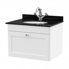 Nuie Classique Wall Hung 1-Drawer Vanity Unit with 1TH Black Marble Top Basin 600mm Wide - Satin White