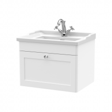 Nuie Classique Wall Hung 1-Drawer Vanity Unit with Traditional Basin 600mm Wide Satin White - 1 Tap Hole