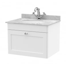 Nuie Classique Wall Hung 1-Drawer Vanity Unit with 1TH Grey Marble Top Basin 600mm Wide - Satin White