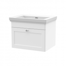 Nuie Classique Wall Hung 1-Drawer Vanity Unit with Classic Basin 600mm Wide Satin White - 0 Tap Hole