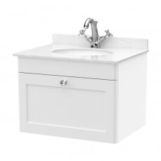 Nuie Classique Wall Hung 1-Drawer Vanity Unit with 1TH White Round Marble Top Basin 600mm Wide - Satin White