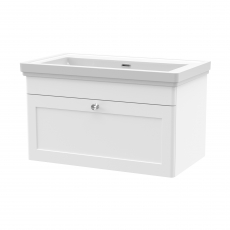 Nuie Classique Wall Hung 1-Drawer Vanity Unit with Traditional Basin 800mm Wide Satin White - 0 Tap Hole