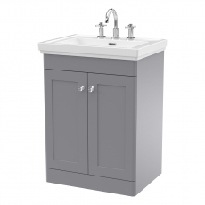 Nuie Classique Floor Standing 2-Door Vanity Unit with Basin 600mm Wide Satin Grey - 3 Tap Hole