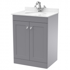 Nuie Classique Floor Standing 2-Door Vanity Unit with 1TH White Round Marble Top Basin 600mm Wide - Satin Grey