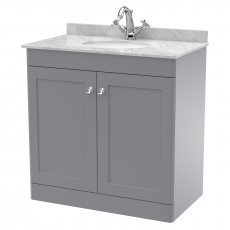 Nuie Classique Floor Standing 2-Door Vanity Unit with 1TH Grey Marble Top Basin 800mm Wide - Satin Grey