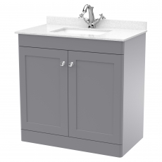 Nuie Classique Floor Standing 2-Door Vanity Unit with 1TH White Square Marble Top Basin 800mm Wide - Satin Grey