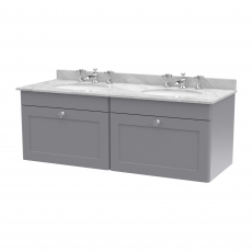 Nuie Classique Wall Hung 2-Drawer Vanity Unit with 3TH Grey Marble Top Basin 1200mm Wide - Satin Grey