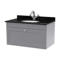 Nuie Classique Wall Hung 1-Drawer Vanity Unit with 1TH Black Marble Top Basin 800mm Wide - Satin Grey