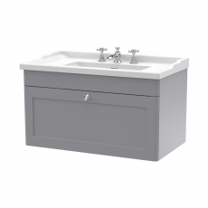 Nuie Classique Wall Hung 1-Drawer Vanity Unit with Traditional Basin 800mm Wide Satin Grey - 3 Tap Hole