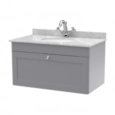 Nuie Classique Wall Hung 1-Drawer Vanity Unit with 1TH Grey Marble Top Basin 800mm Wide - Satin Grey