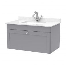 Nuie Classique Wall Hung 1-Drawer Vanity Unit with 1TH White Square Marble Top Basin 800mm Wide - Satin Grey