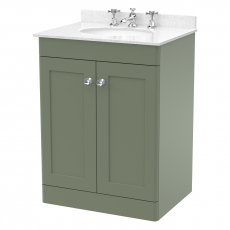 Nuie Classique Floor Standing 2-Door Vanity Unit with 3TH White Round Marble Top Basin 600mm Wide - Satin Green