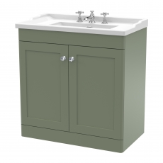 Nuie Classique Floor Standing 2-Door Vanity Unit with Traditional Basin 800mm Wide Satin Green - 3 Tap Hole