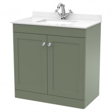 Nuie Classique Floor Standing 2-Door Vanity Unit with 1TH White Square Marble Top Basin 800mm Wide - Satin Green