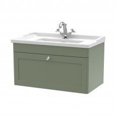 Nuie Classique Wall Hung 1-Drawer Vanity Unit with Traditional Basin 800mm Wide Satin Green - 1 Tap Hole